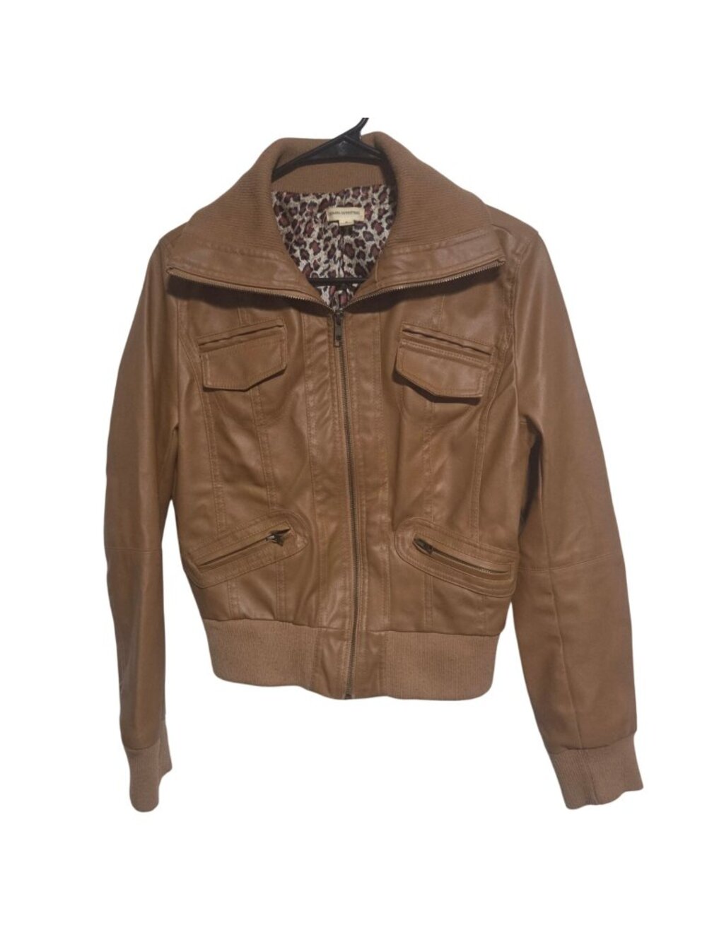 Zenana Y2K Faux Leather Bomber Jacket Size Small Tan Leopard Lining Retro Coat
